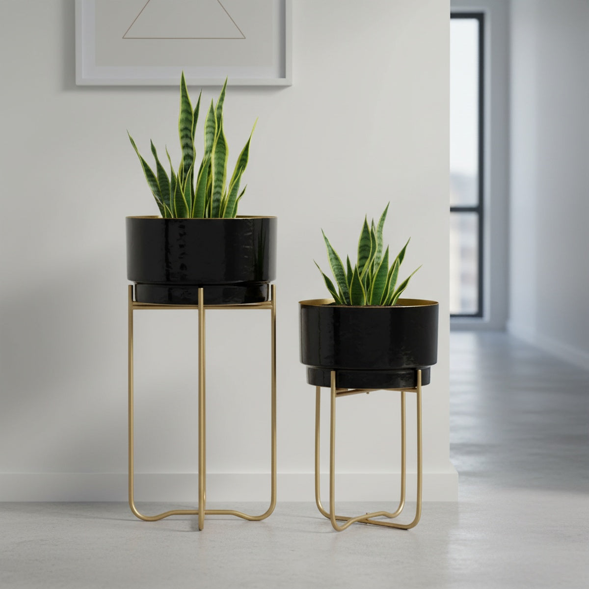 Mid-Century Black and Gold Nesting Planter Set of 2