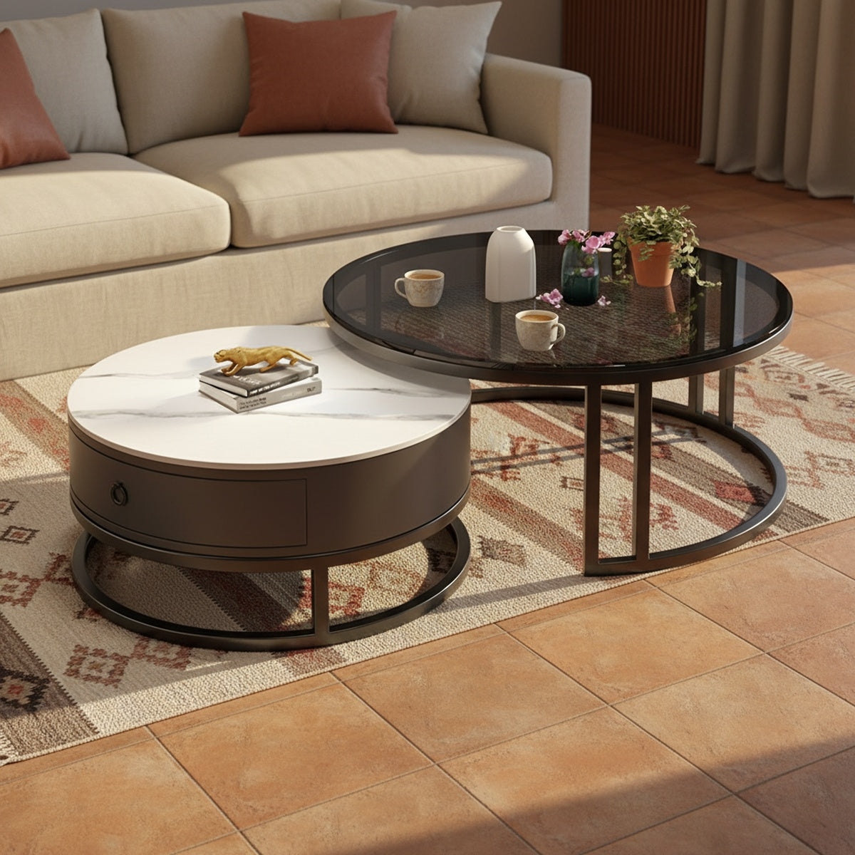 Black Glass & Marble Nesting Tables | Set of 2