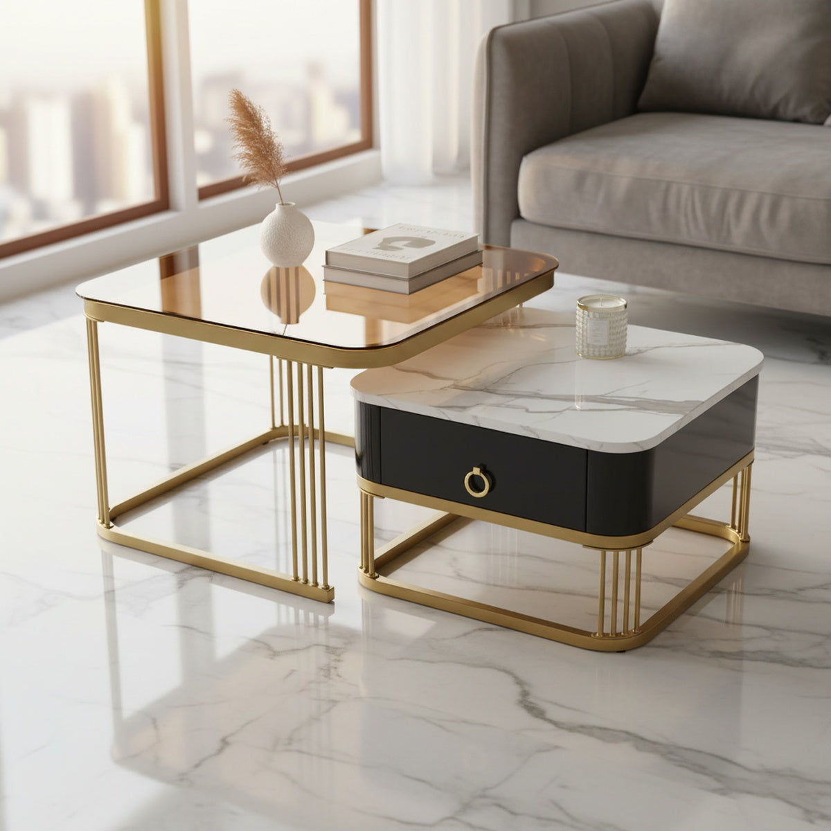 Gold Glass & Marble Nesting Tables with Drawer | Set of 2