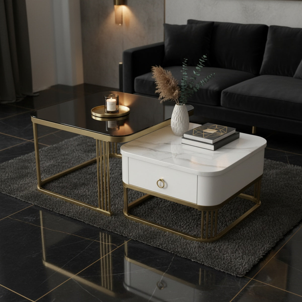 Brown Glass & Marble Gold Nesting Tables | Set of 2