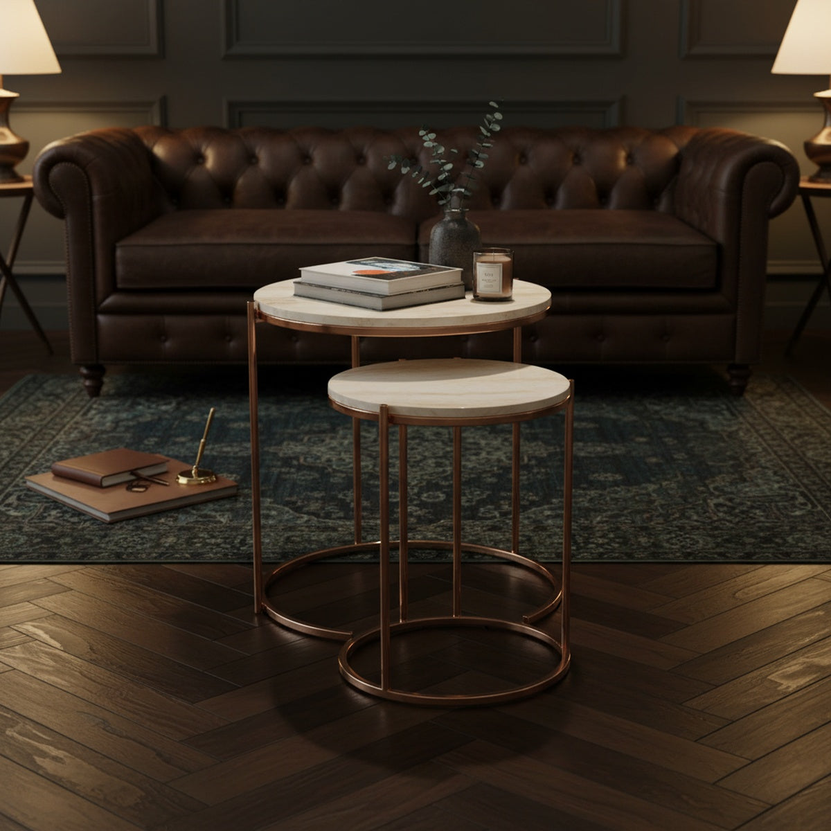 Gold Tall Round Marble Nesting Tables | Set of 2