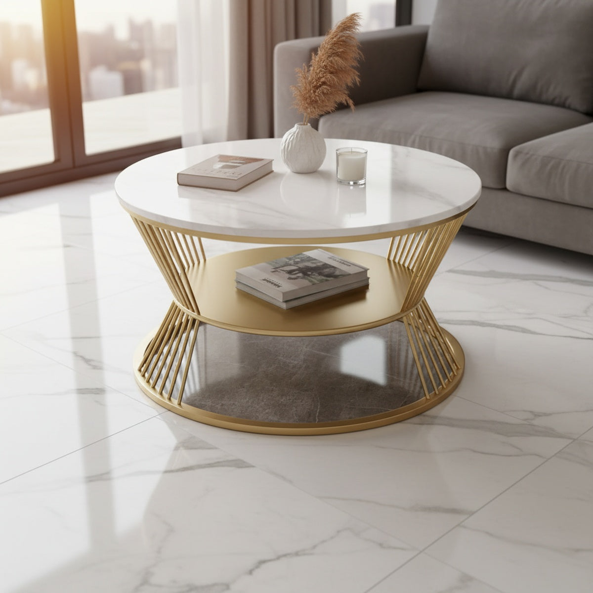 Gold Round Marble Centre Table with Storage Shelf