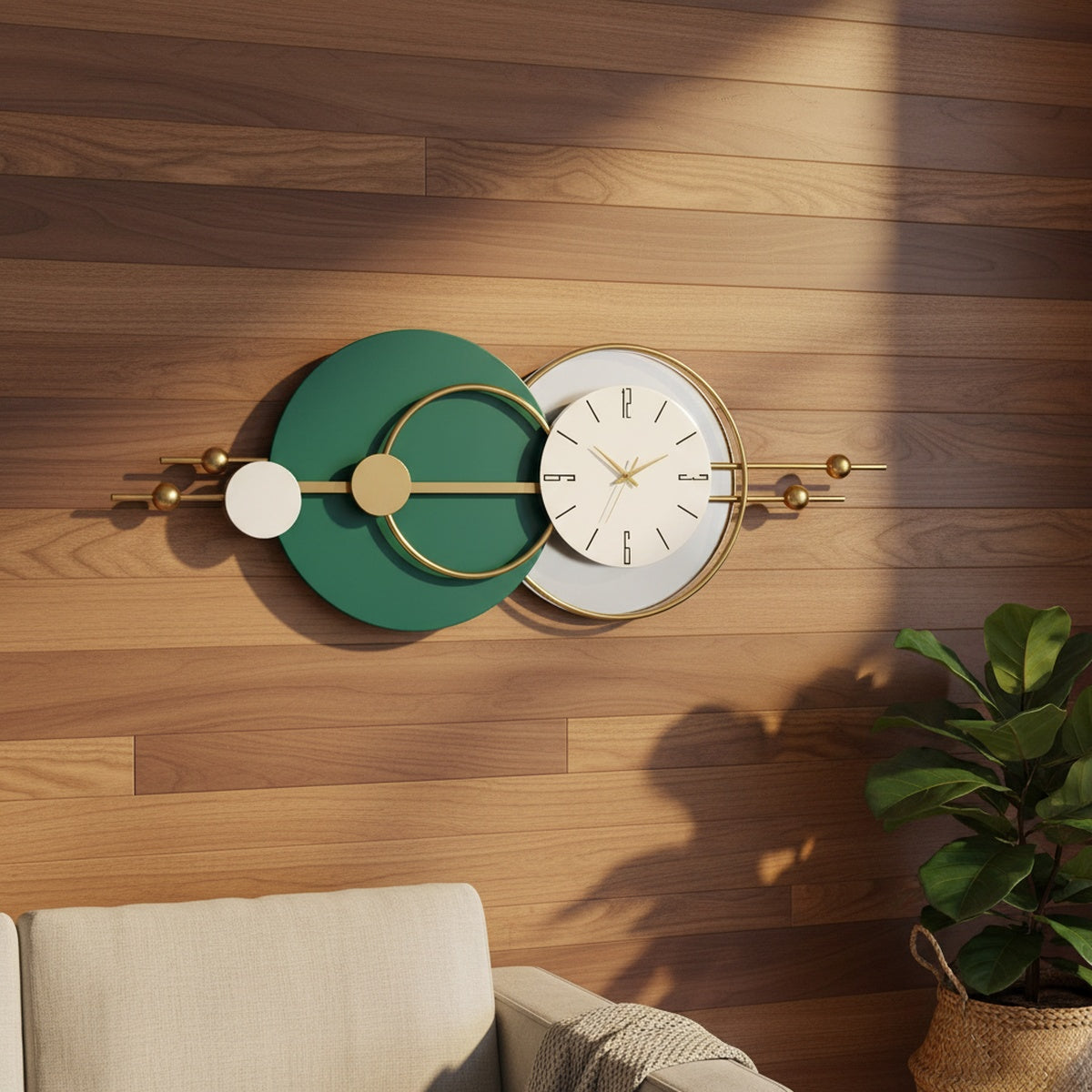 Golden Green Circles Metal Wall Clock