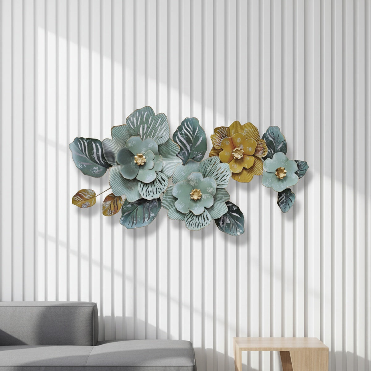 Teal Gold Floral Metal Wall Art