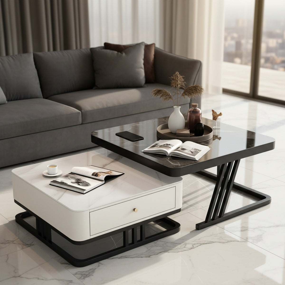 White and Black Marble Coffee Table Set of 2