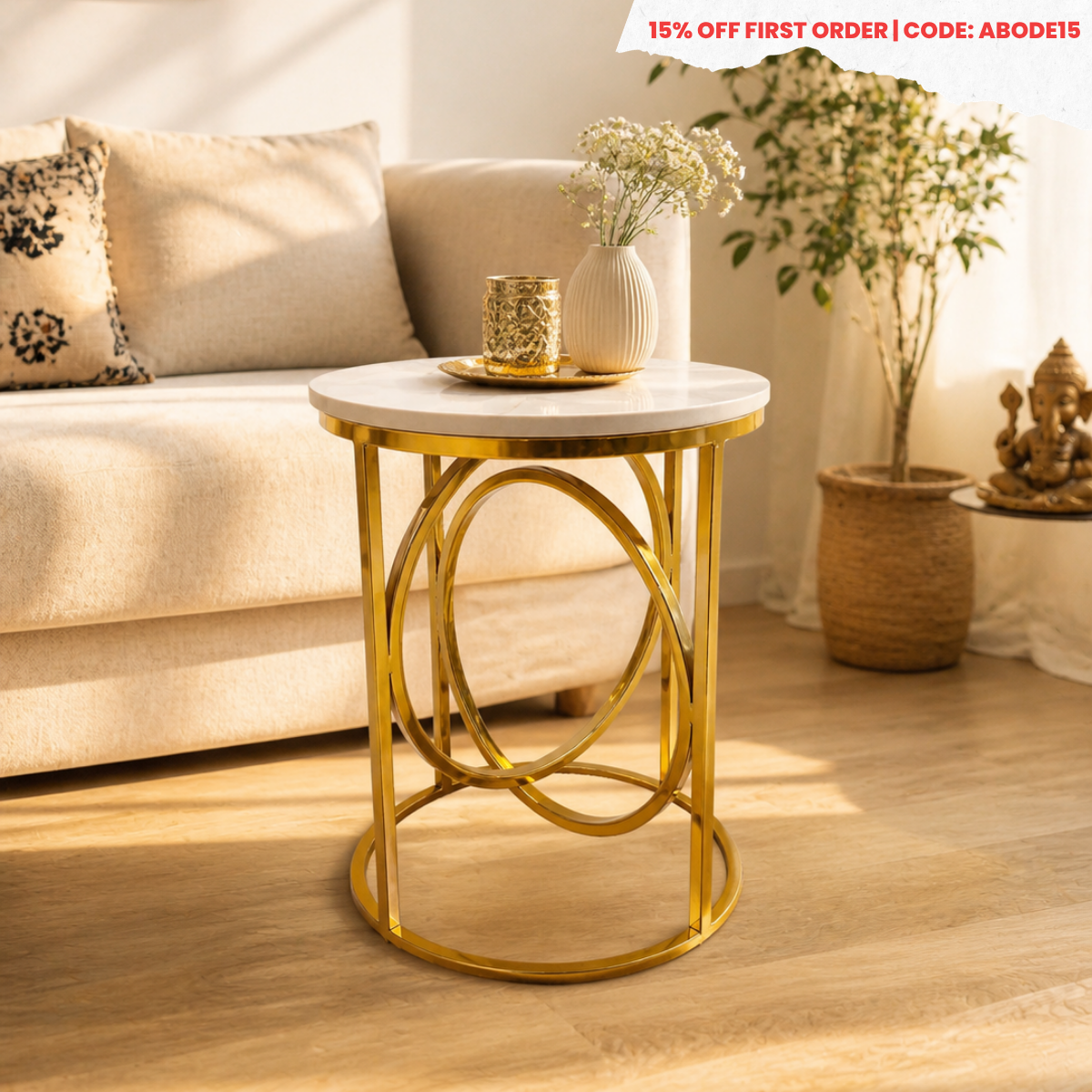 Gold Marble Side Table with Ring Frame