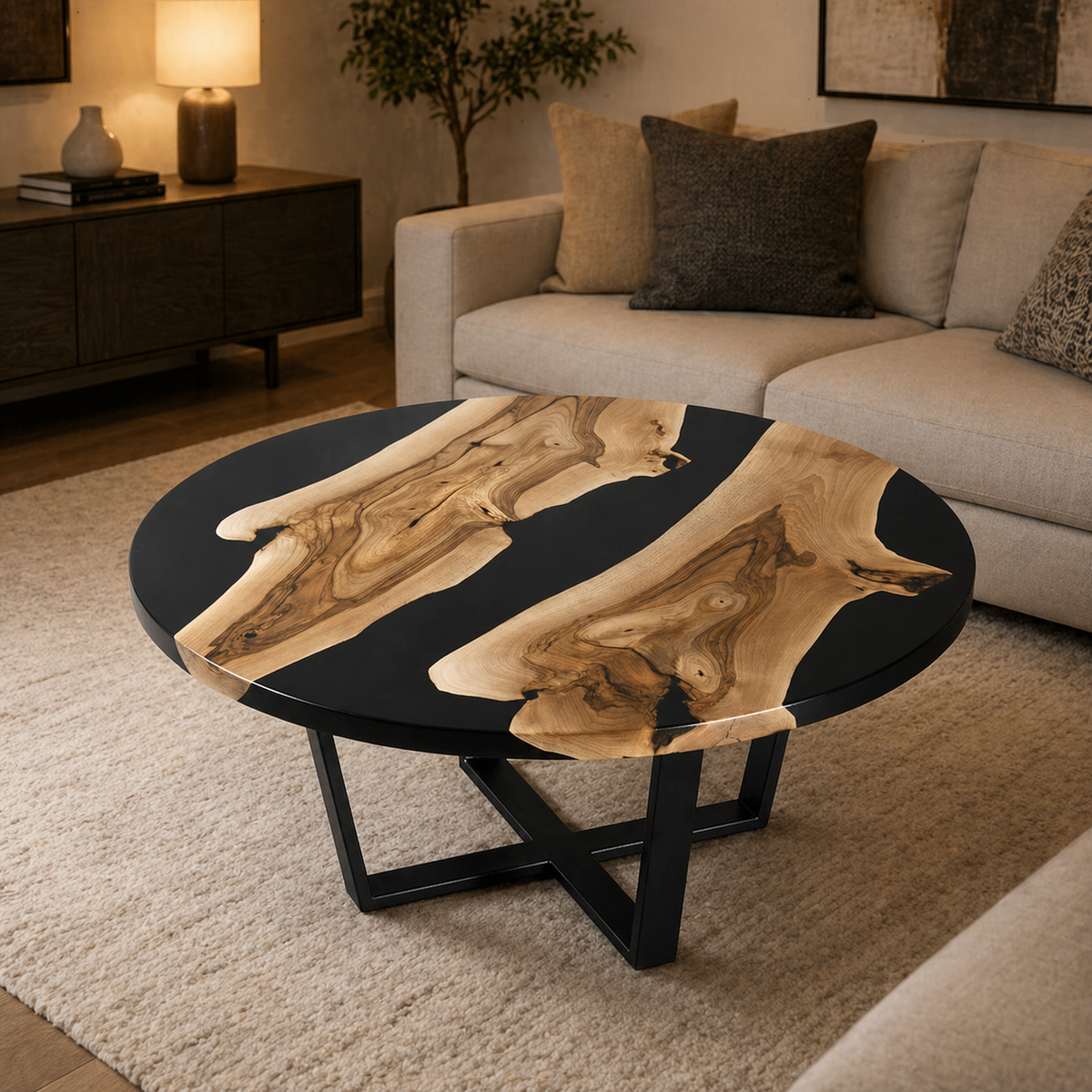 Black Epoxy Round Coffee Table — Floating Wood