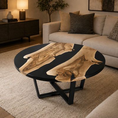 Black Epoxy Round Coffee Table — Floating Wood