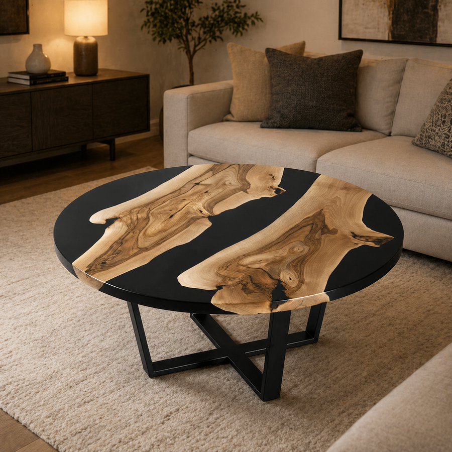 Black Epoxy Round Coffee Table — Floating Wood