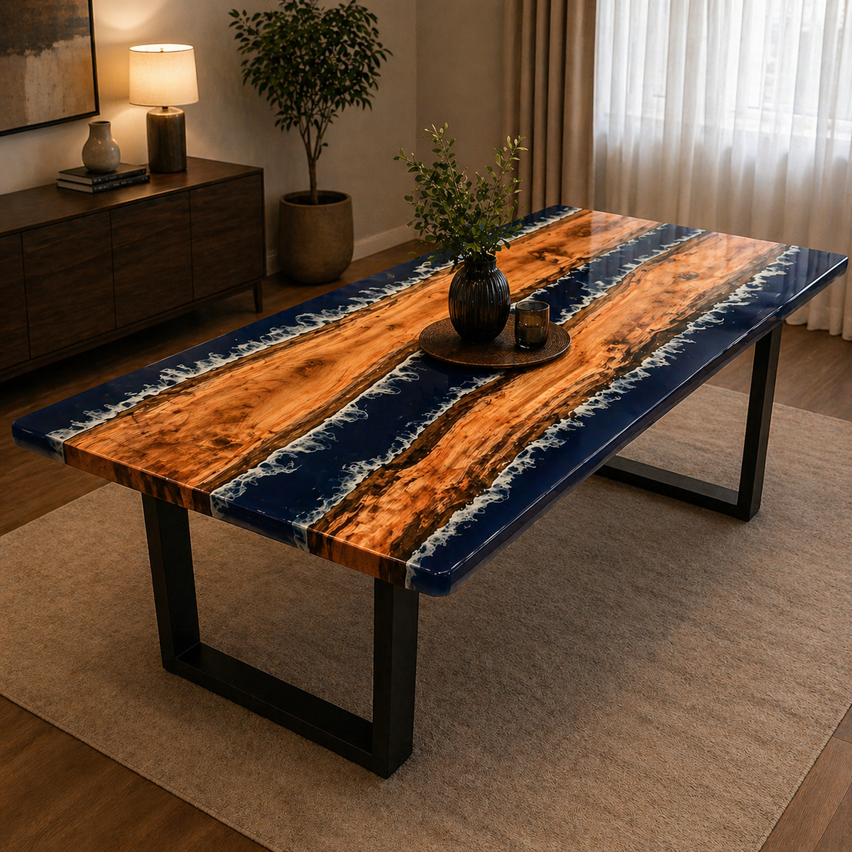 Epoxy Ocean Wave Dining Table — Blue