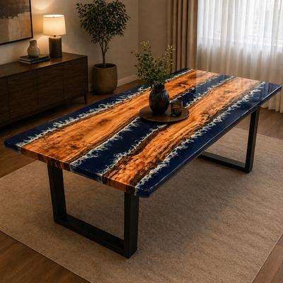Epoxy Ocean Wave Dining Table — Blue