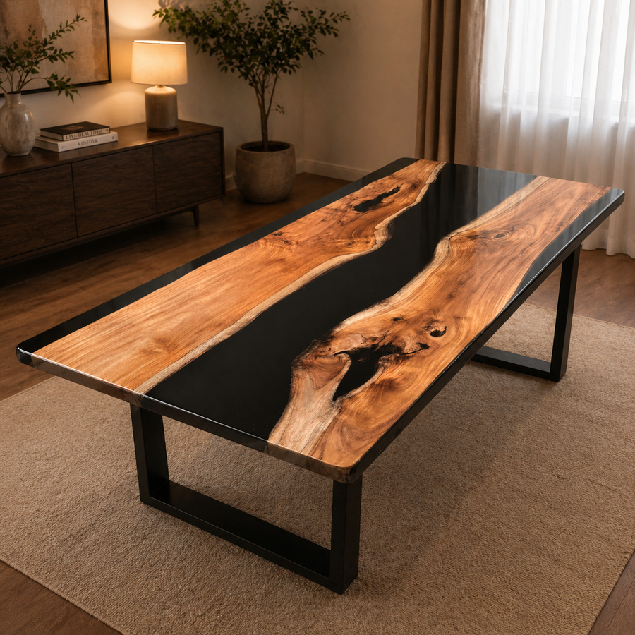 Epoxy River Dining Table — Black Metallic