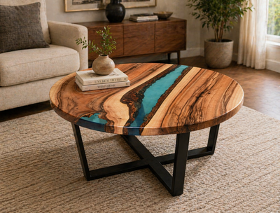 Epoxy River Round Coffee Table — Teal
