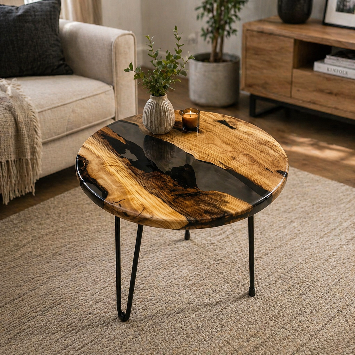 Epoxy River Round Side Table — Black Transparent