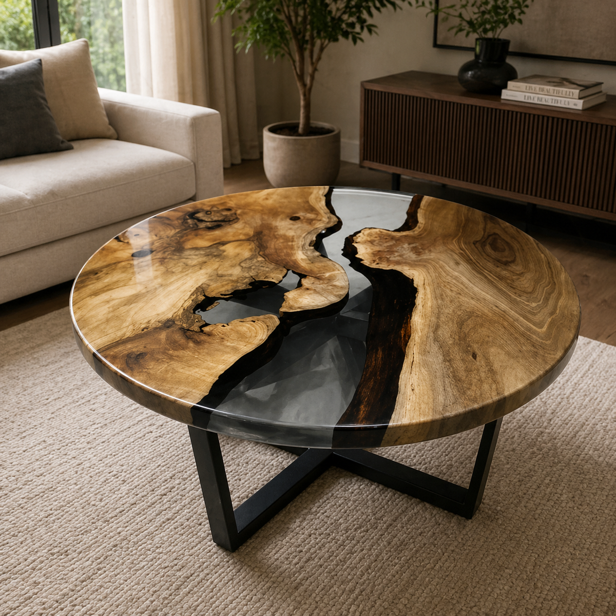 Live Edge Log Round Coffee Table — Smoke Epoxy