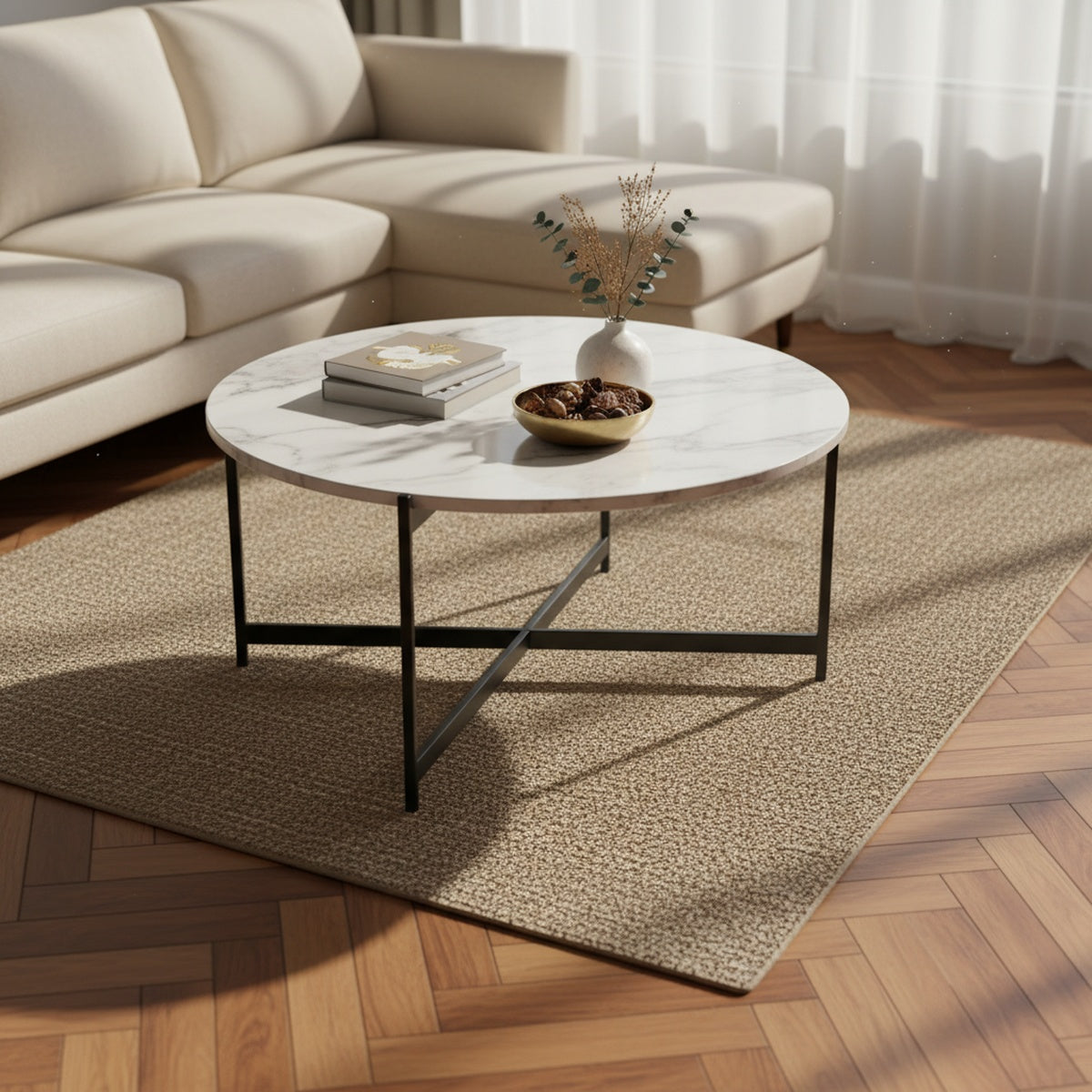 Black Cross White Marble Coffee Table