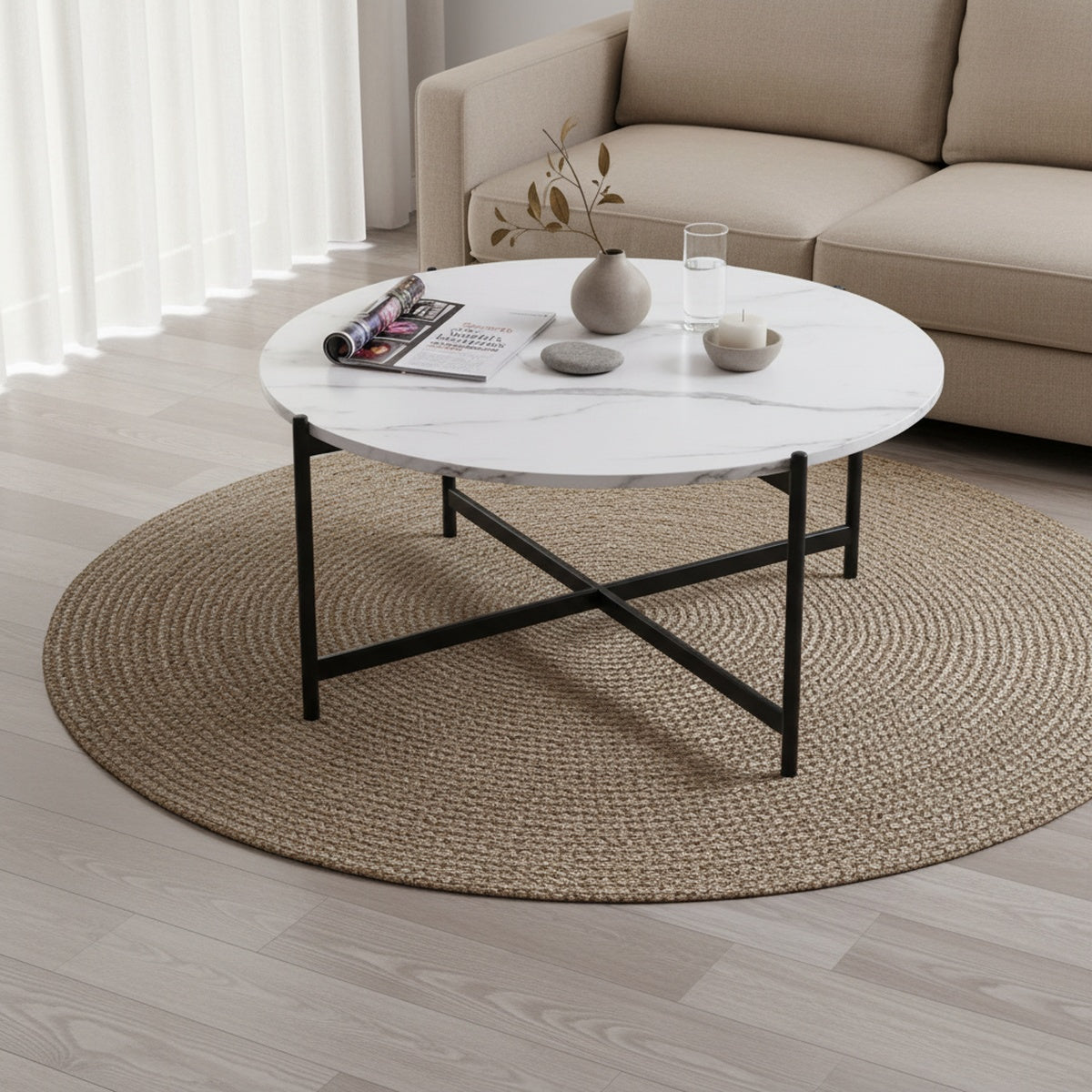 Black Cross White Marble Coffee Table