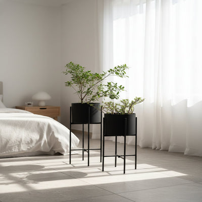 Black Metal Round Floor Planter Set of 2