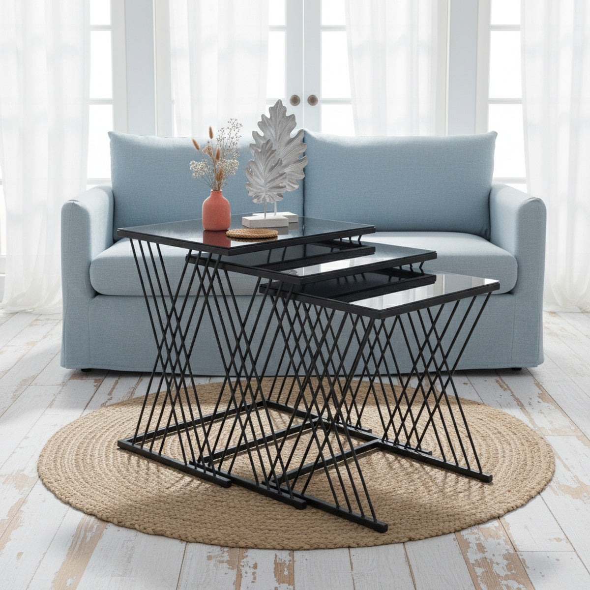 Black Glass Geometric Nesting Table Set of 3