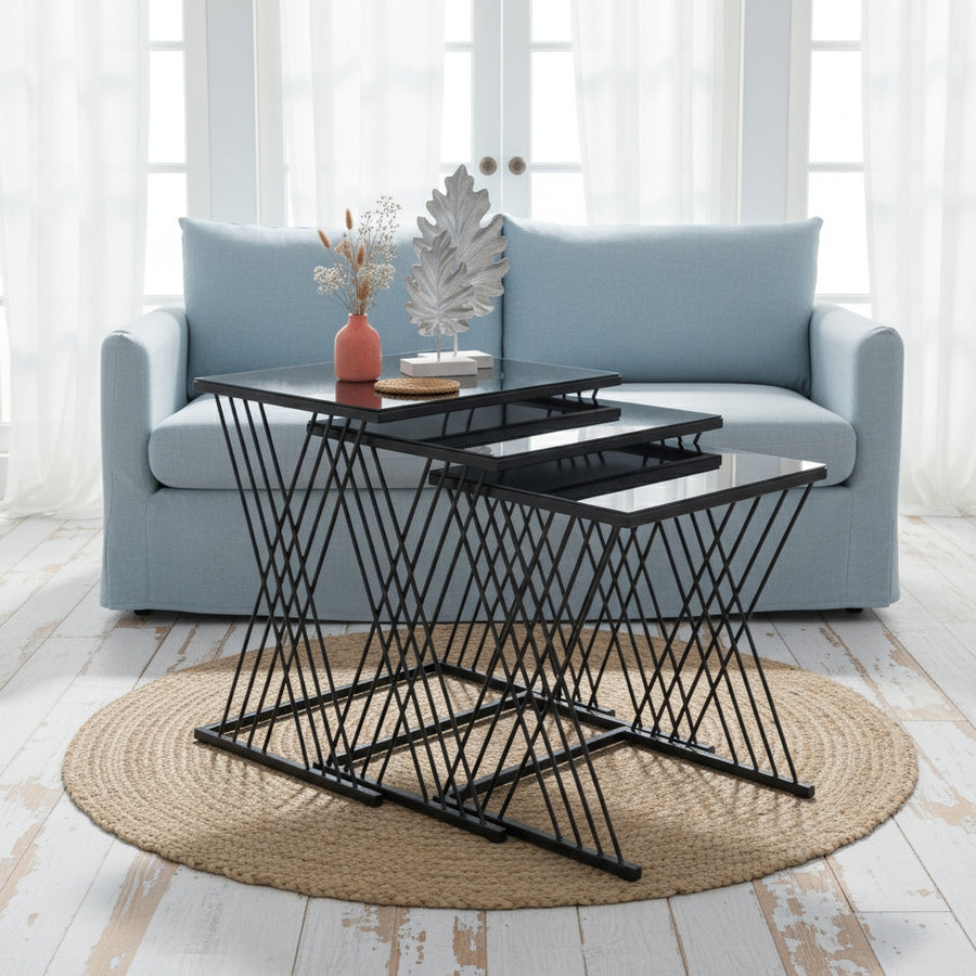 Black Glass Geometric Nesting Table Set of 3