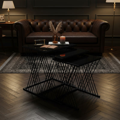 Black Glass Geometric Nesting Table Set of 3