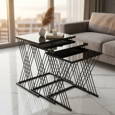 Black Glass Geometric Nesting Table Set of 3