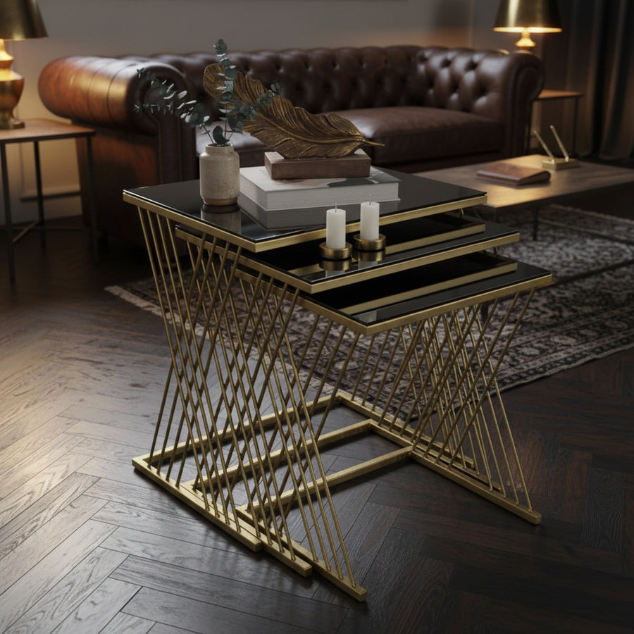 Black Glass Gold Nesting Table Set of 3