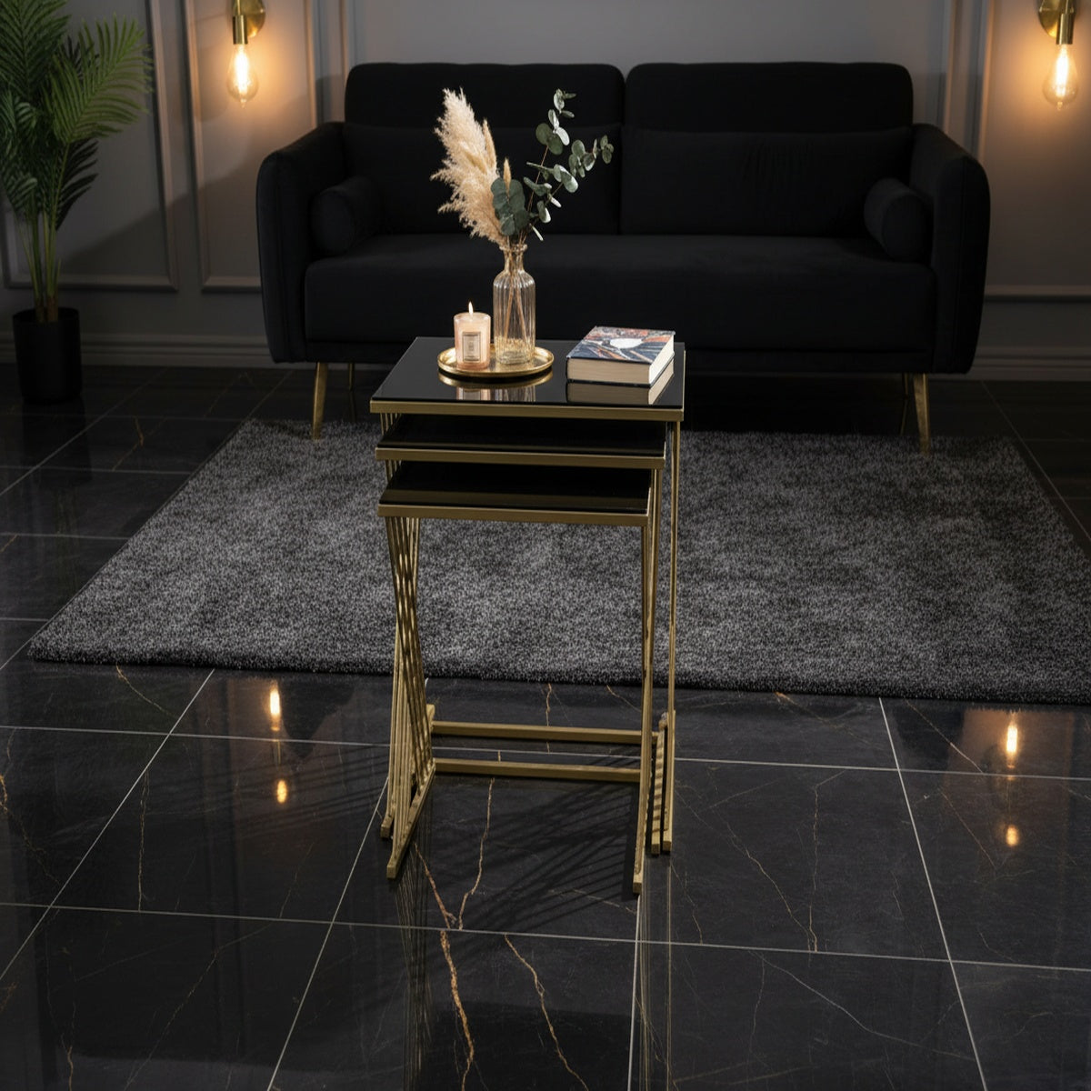 Black Glass Gold Nesting Table Set of 3