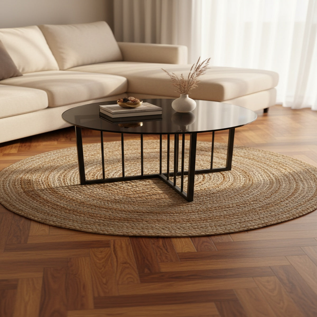 Black Glass Round Cage Coffee Table