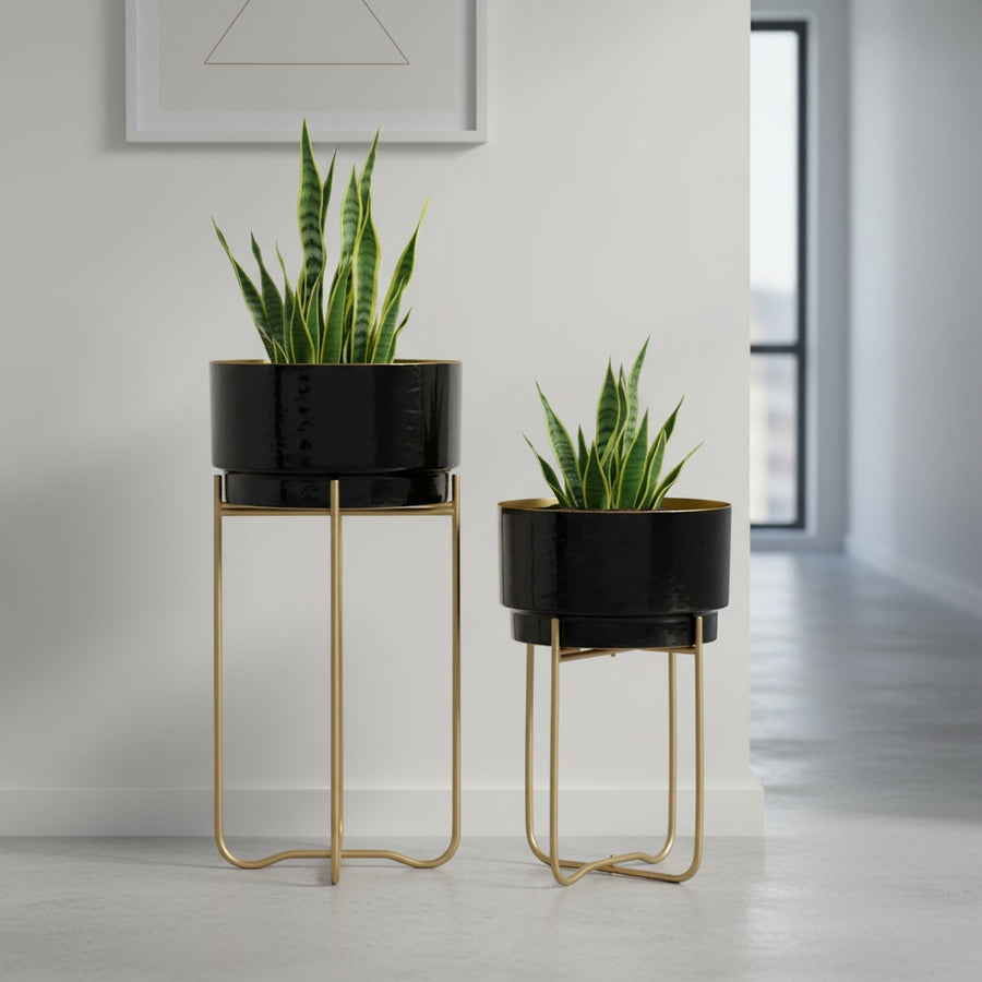 Mid-Century Black and Gold Nesting Planter Set of 2