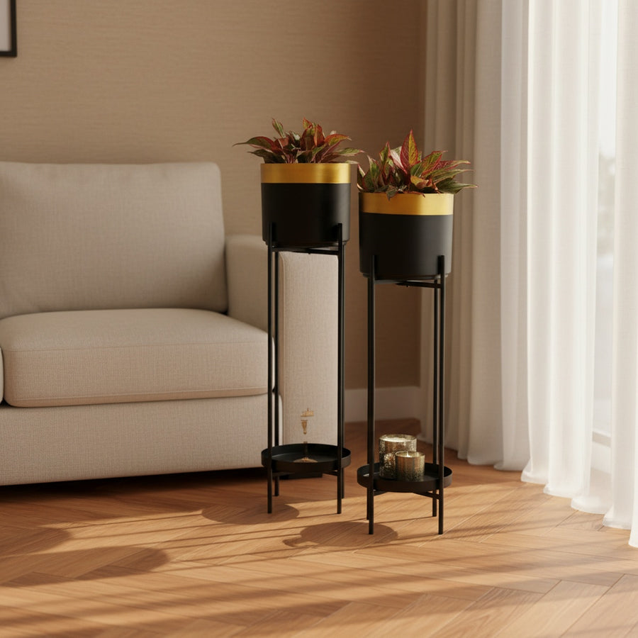 Dual-Tone Matte Black and Gold Planter Set of 2