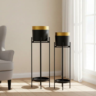 Dual-Tone Matte Black and Gold Planter Set of 2