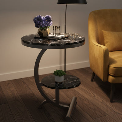 Black Marble C-Table with Shelf