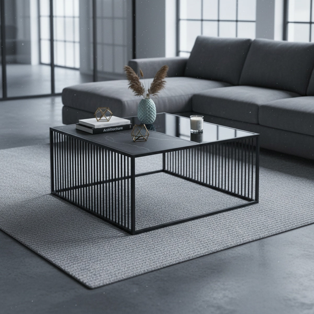 Black Marble Glass Rectangular Coffee Table