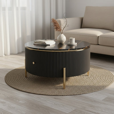 Black Marble Gold Round Coffee Table with Storage