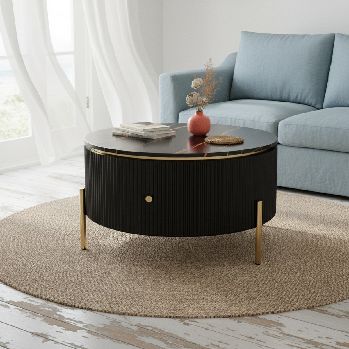 Black Marble Gold Round Coffee Table with Storage