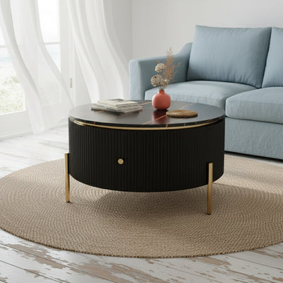 Black Marble Gold Round Coffee Table with Storage