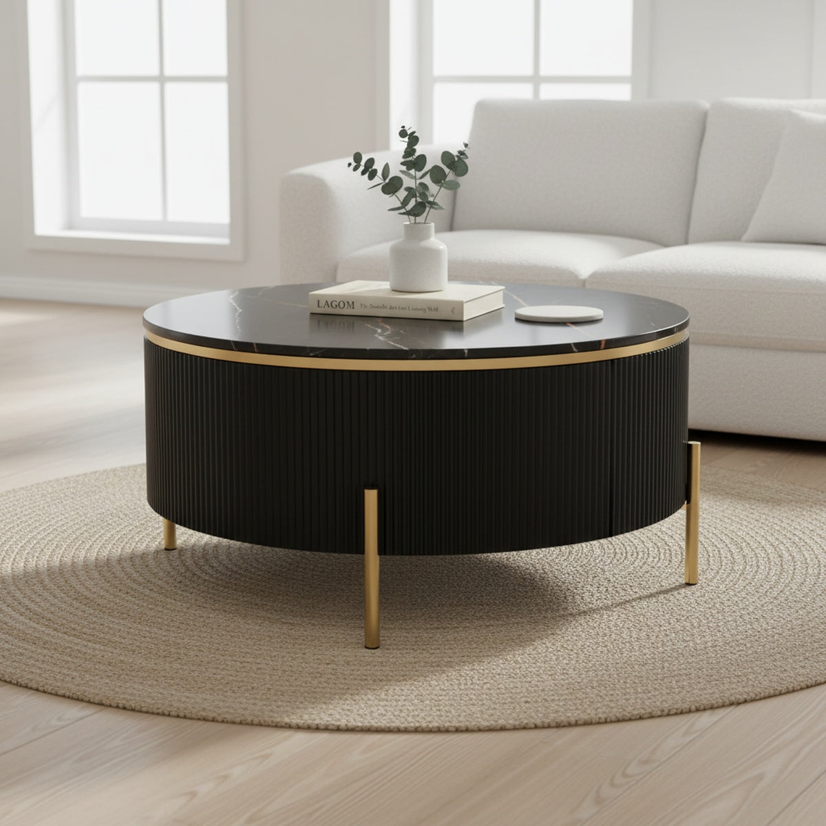 Black Marble Gold Round Coffee Table with Storage