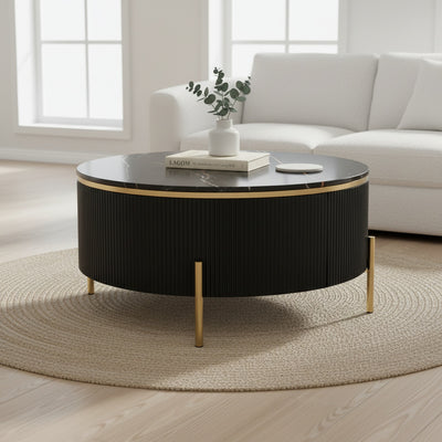 Black Marble Gold Round Coffee Table with Storage
