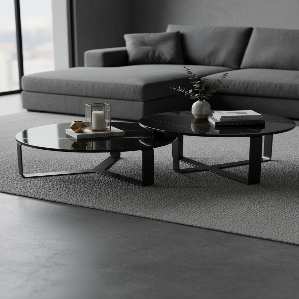 Black Marble Round Nesting Table Set of 2