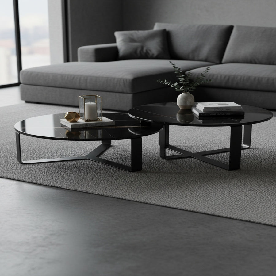 Black Marble Round Nesting Table Set of 2