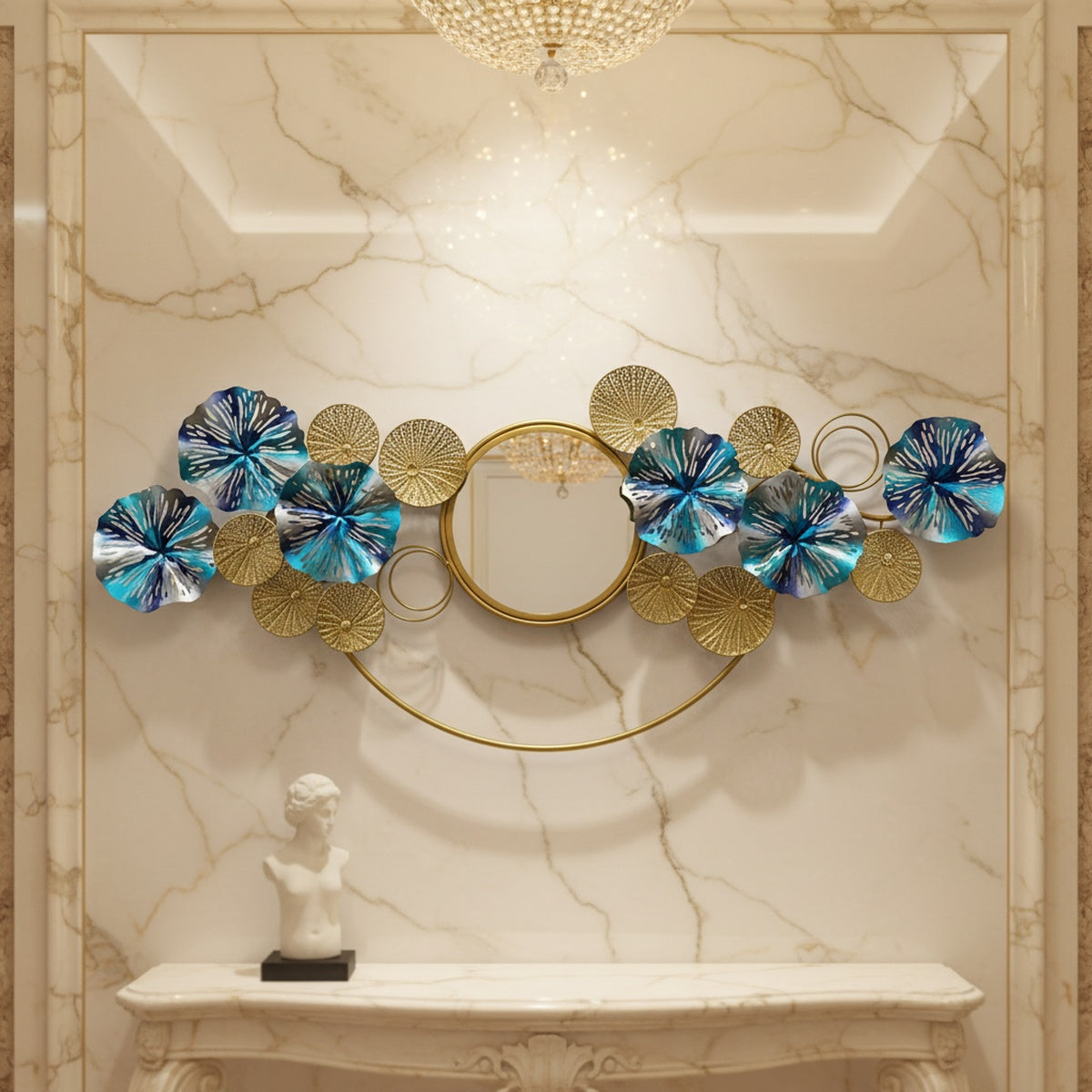 Blue Floral Metal Wall Mirror