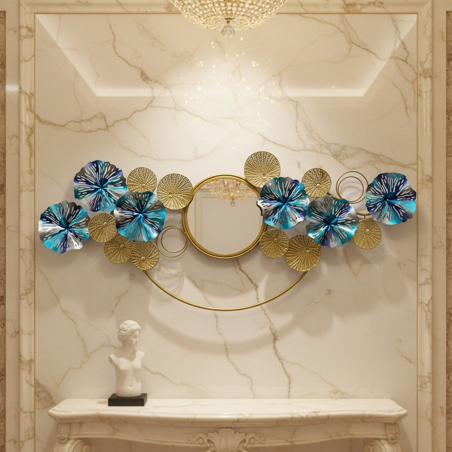 Blue Floral Metal Wall Mirror