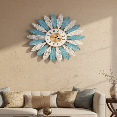 Blue White Leaf Metal Wall Clock
