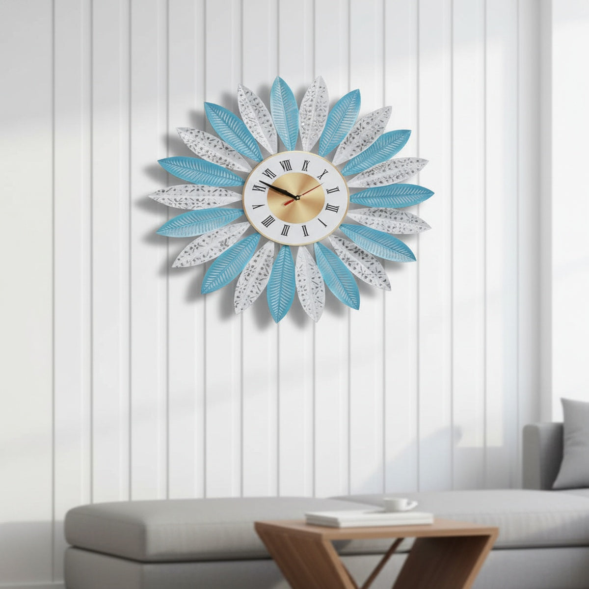 Blue White Leaf Metal Wall Clock