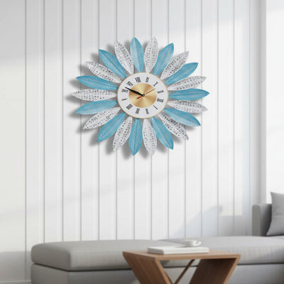 Blue White Leaf Metal Wall Clock