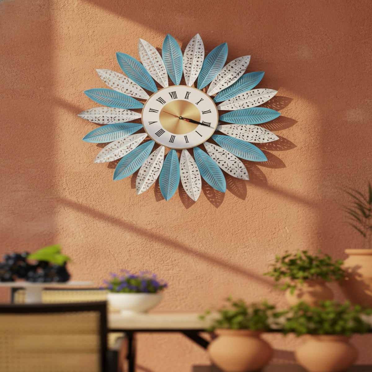Blue White Leaf Metal Wall Clock