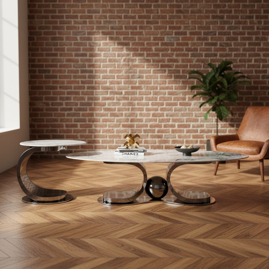 Curved Marble Coffee Table Set of 2