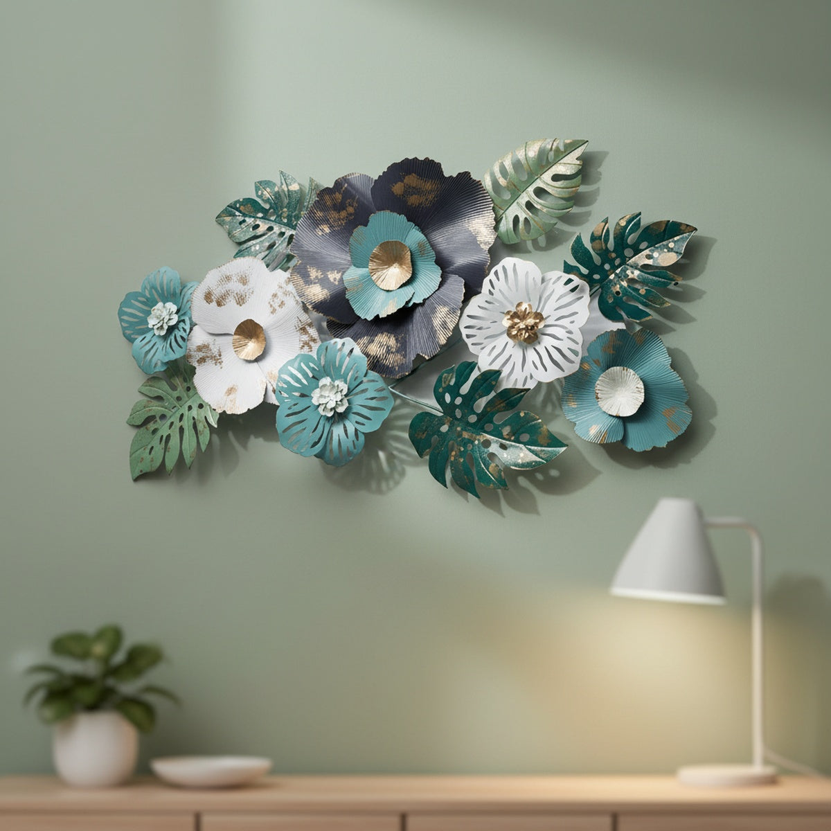 Floral Teal Metal Wall Art