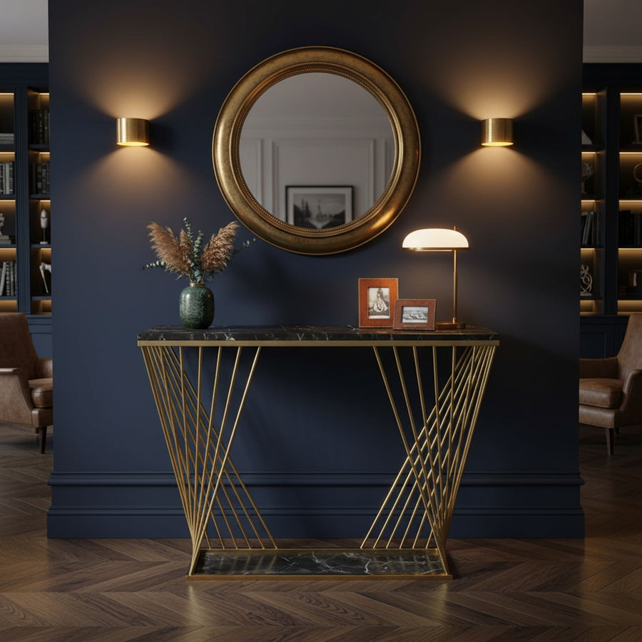 Geometric Gold Black Marble Console Table